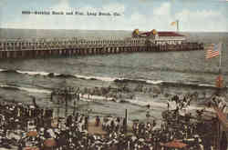 Bathing Beach and Pier Long Beach, CA Postcard Postcard