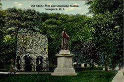 Old Stone Mill And Channing Statue Newport, RI Postcard Postcard