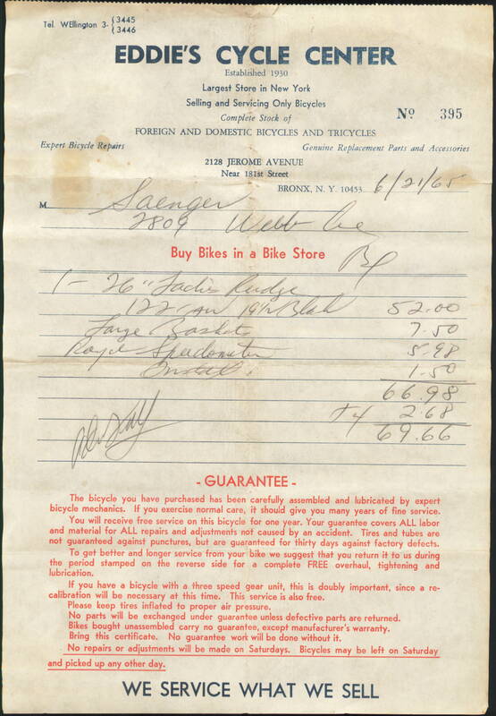 Eddie's Cycle Center 1965 Sales Document, Bronx, NY New York