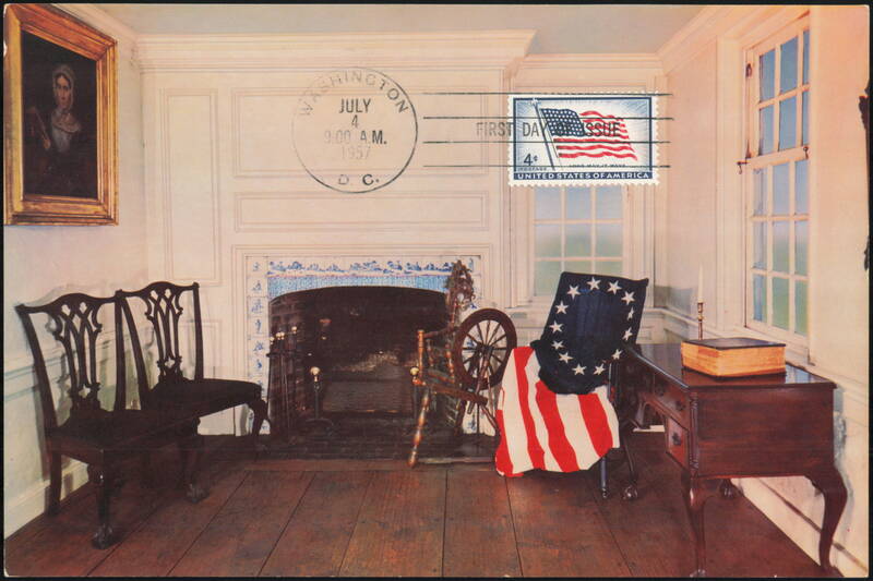 Colonial Interior with American Flag and Spinning Wheel Philadelphia Pennsylvania