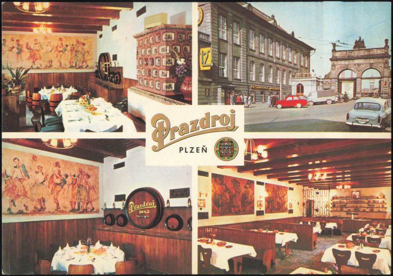 Restaurace Prazdroj Restaurant Interior and Exterior View Plzeň Czechoslovakia