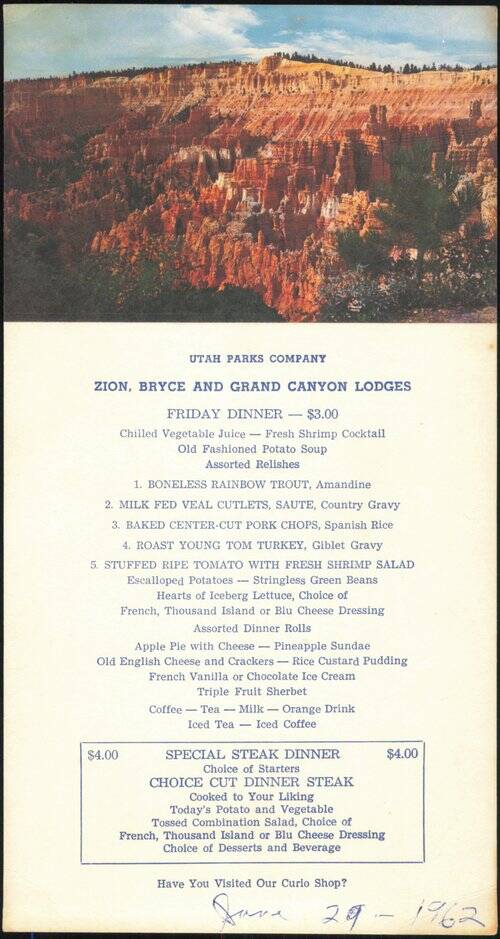 Zion, Bryce and Grand Canyon Lodges Friday Dinner Menu Bryce Canyon Utah