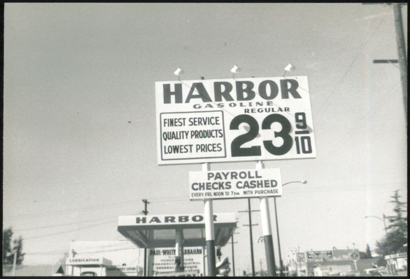 Harbor Gasoline Station with Payroll Checks Cashed Sign Burbank California
