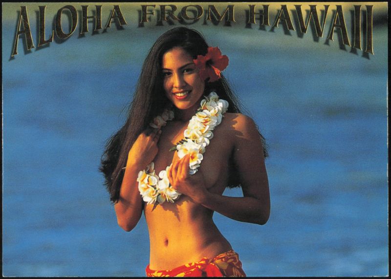 Aloha From Hawaii Woman with Hibiscus Flower and Lei