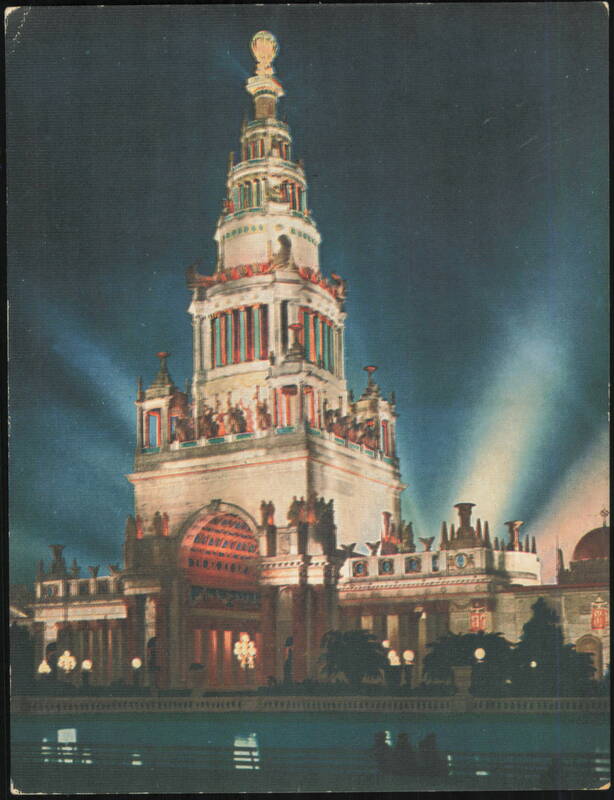 Illumination of the Tower of Jewels, Pan-Pac Exposition San Francisco California