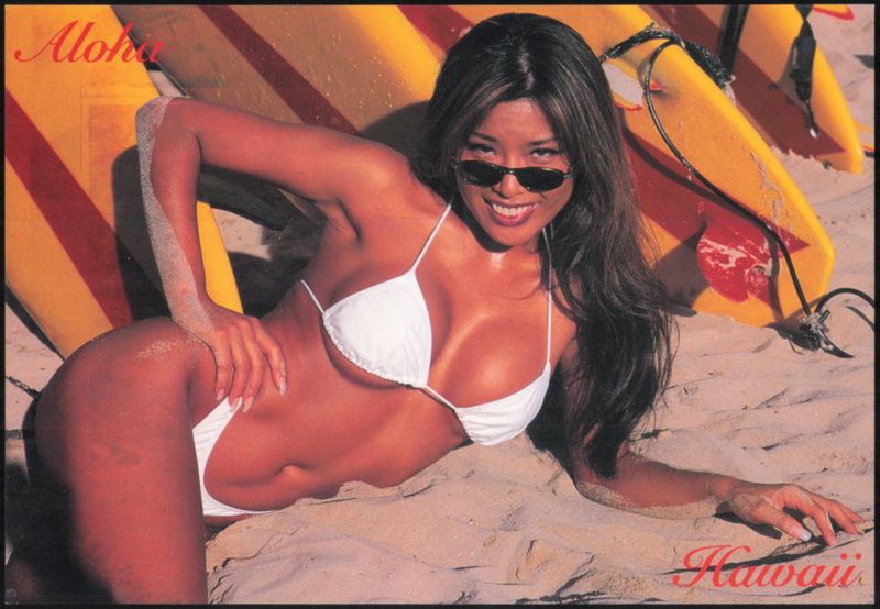 Woman in White Bikini on Beach with Surfboards Hawaii