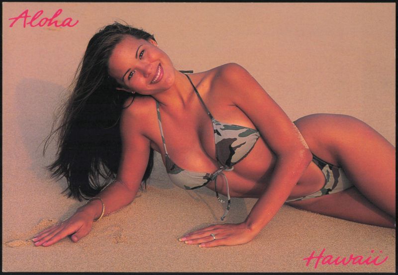 Woman in Camouflage Bikini on Beach, Aloha Hawaii Swimsuits & Pinup