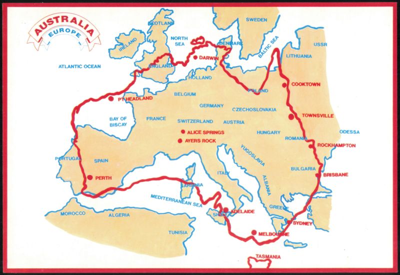 Australia Map Superimposed Over Europe Cartographic Novelty