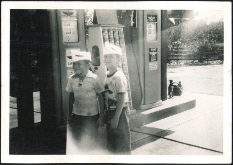 Two Boys Wearing Paper Hats at Flying A Gas Station