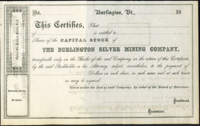 Burlington Silver Mining Company Capital Stock Certificate Vermont