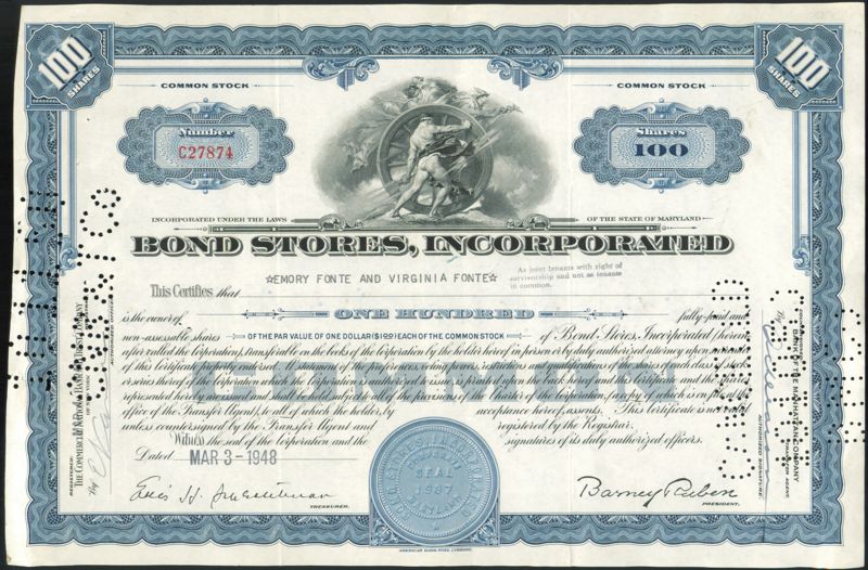 Bond Stores, Incorporated 100 Shares Common Stock 1948 Baltimore Maryland