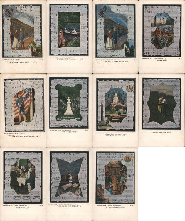 Lot of 11: 1904 P.J. Plant Song Sheet Music Illustrated Postcards Patriotic