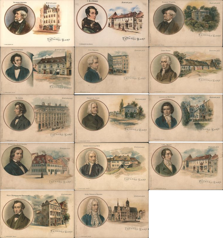 Lot of 14: Music Student Reward Cards Composers Birthplace Sheet Music