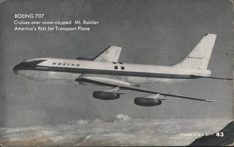 Boeing 707 Jet Transport Cruising Over Mt. Rainier Washington