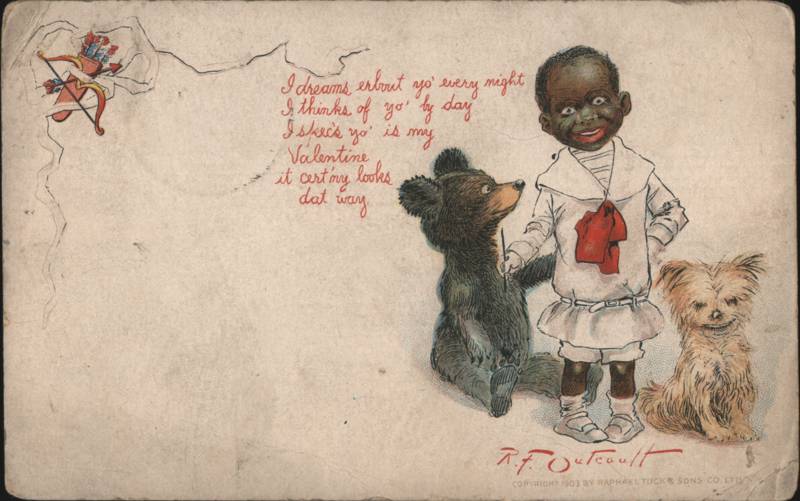 R.F. Outcault Valentine Black Boy with Bear Cub and Dog