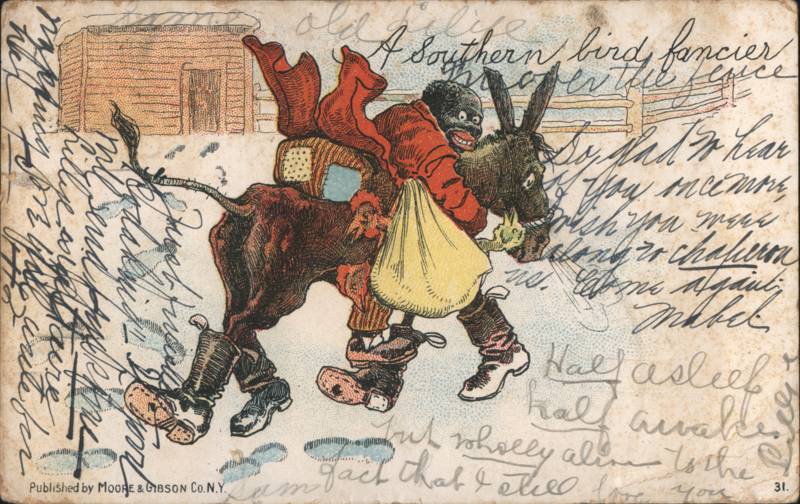 Black Americana Man with Chicken Sack on Donkey in Boots
