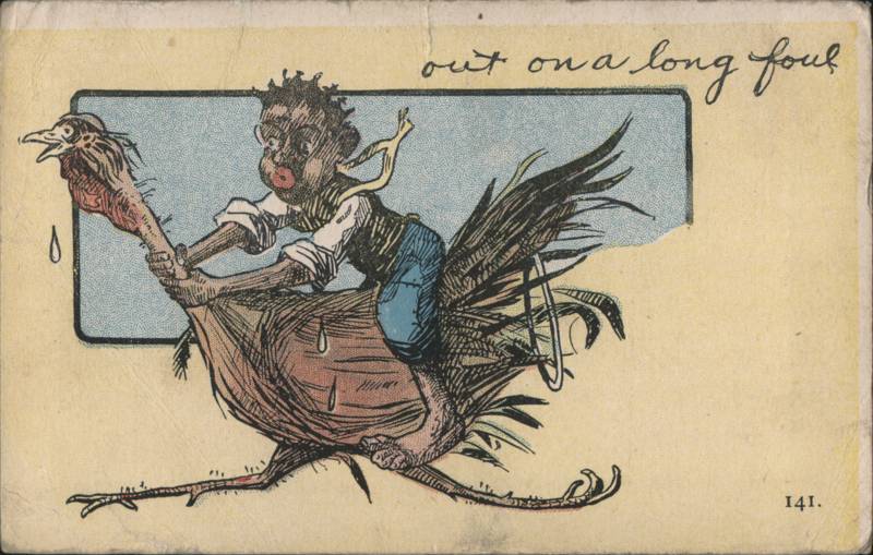 Black Boy Riding Large Running Turkey Comic Caricature