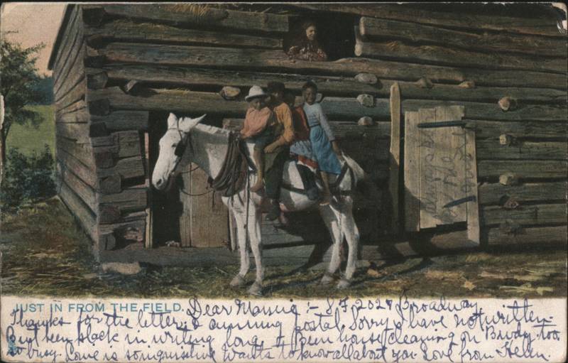 Just in From the Field, Children on Mule by Log Barn