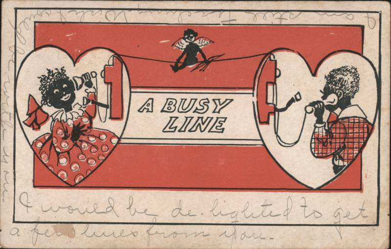 A Busy Line Cupid & Black Couple on Telephones in Hearts