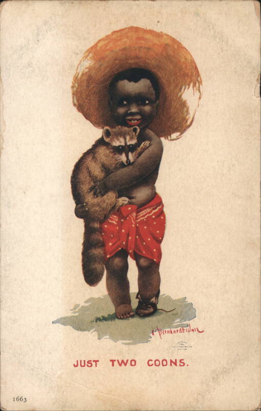 Black Child in Straw Hat Holding Raccoon, Just Two Coons