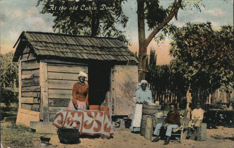 At the Old Cabin Door, Family Outside Wooden Shack