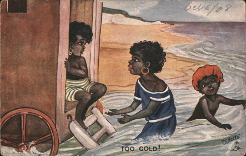 Too Cold! Tuck Oilette Beach Bathing Machine Scene