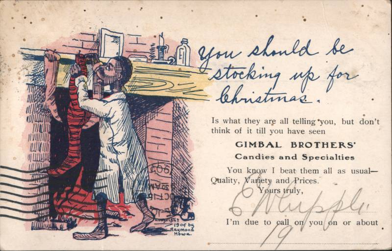 Black Man Hanging Christmas Stocking, Gimbal Brothers