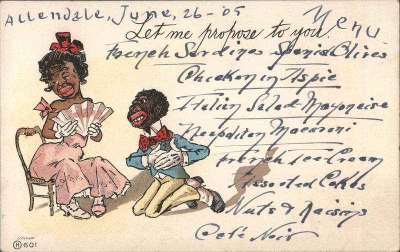 Caricature Man Proposing Marriage to Woman with Fan