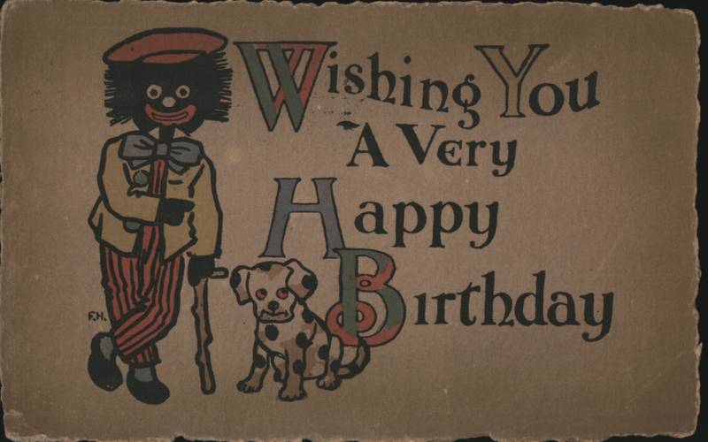 Golliwog with Cane and Spotted Dog Birthday Greeting