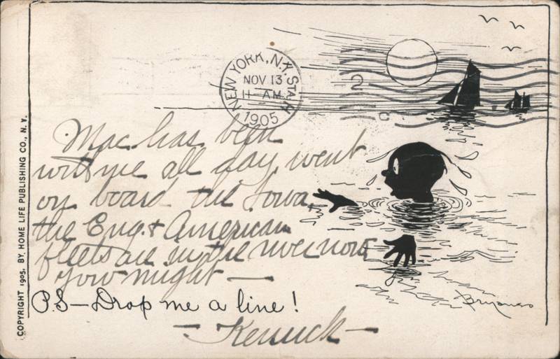 Silhouette of Black Boy Swimming in Sea with Sailboats