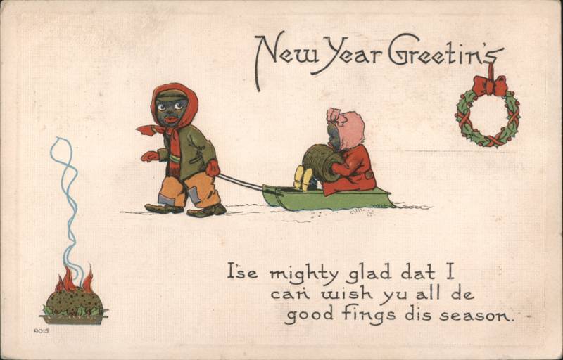 New Year Greetin's Black Boy Pulling Girl on Sled Bernhardt Wall