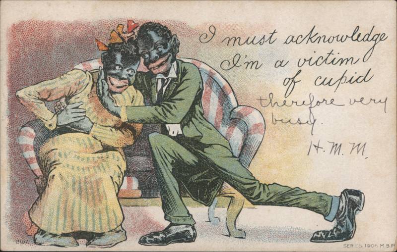 Couple Embracing on Striped Sofa, Victim of Cupid Black Americana