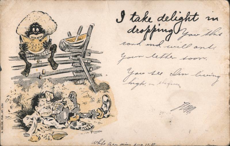 Caricature Eating Watermelon on Fence with Sleeping Tramp