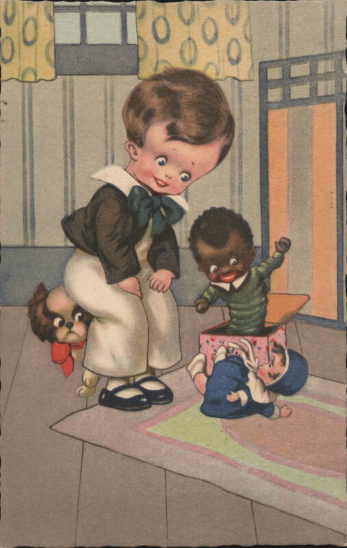 Boy with Dog Watching Black Jack-in-the-Box Toy Black Americana