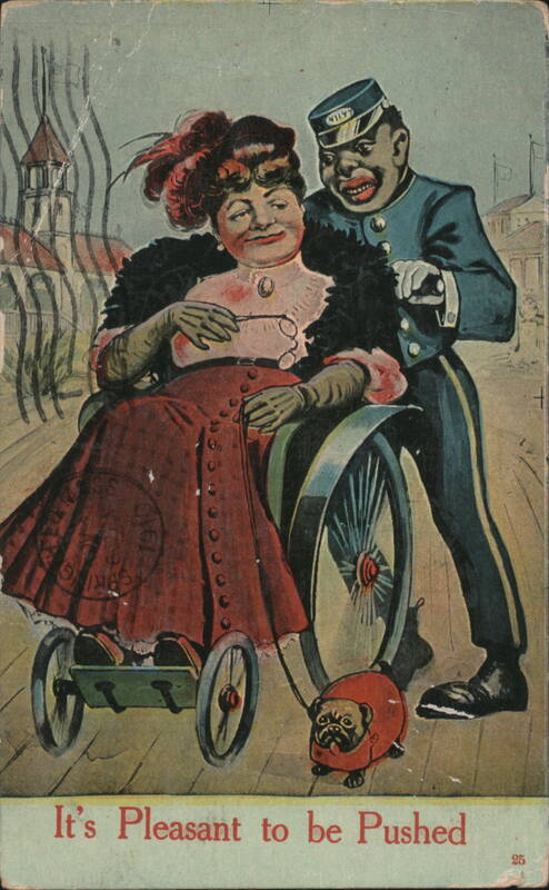 Black Attendant Pushing Woman in Rolling Chair with Pug