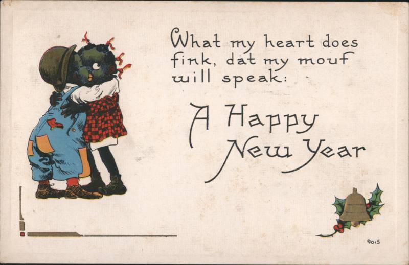 Two Black Children Kissing A Happy New Year Greeting