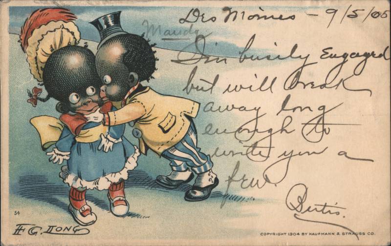 Black Americana Caricature Children Boy Kissing Girl
