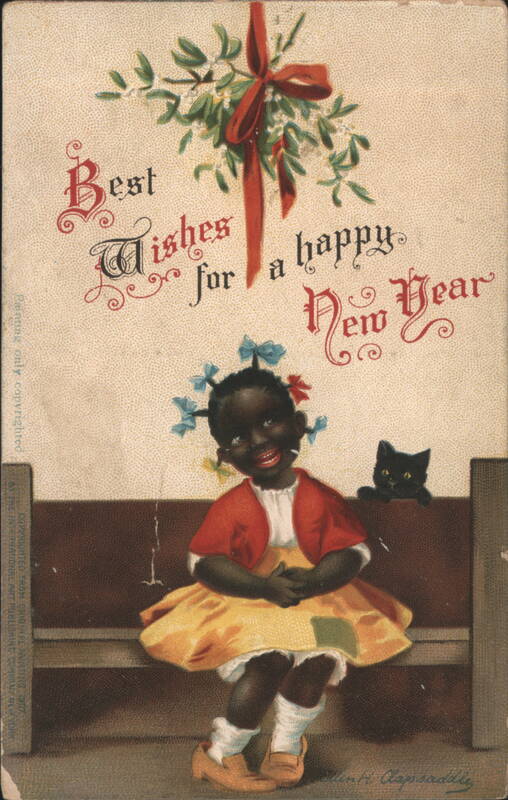 Clapsaddle Happy New Year Black Girl with Cat, Mistletoe