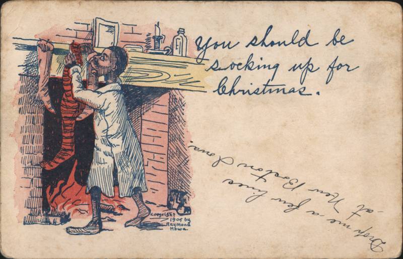 Black Americana Man Hanging Christmas Stockings 1905