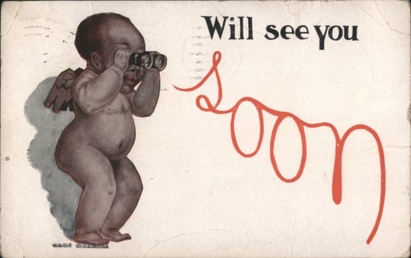 Black Cupid Angel with Binoculars Will See You Soon