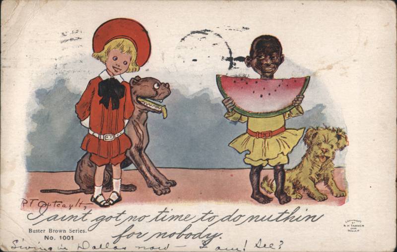 Buster Brown, Dog & Black Boy with Watermelon Outcault