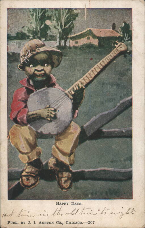 Black Boy Playing Banjo on Fence Caricature Happy Days