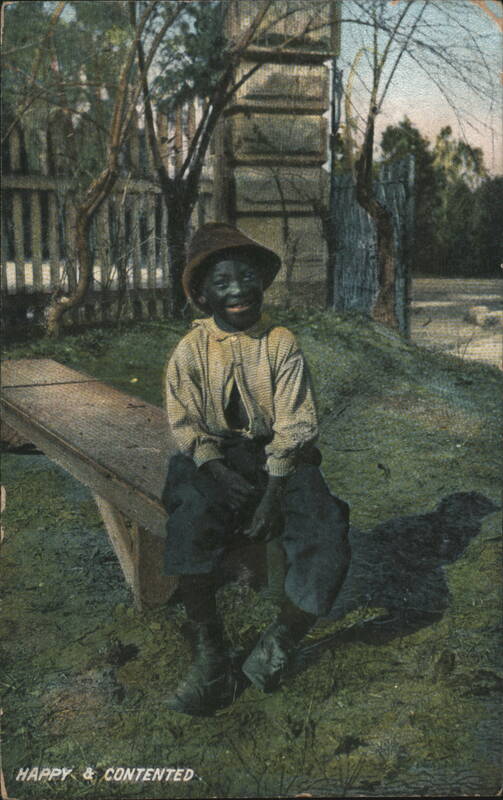 Happy & Contented Smiling Boy in Hat on Wooden Bench