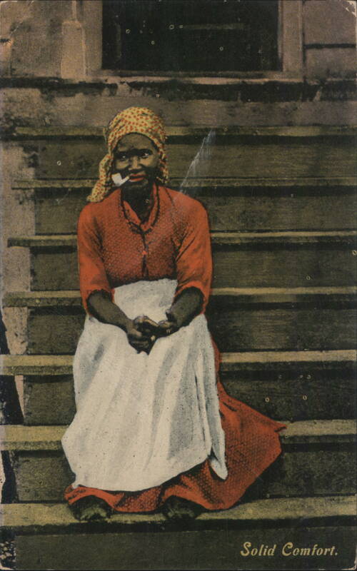 Solid Comfort Black Woman Smoking Pipe on Steps Black Americana