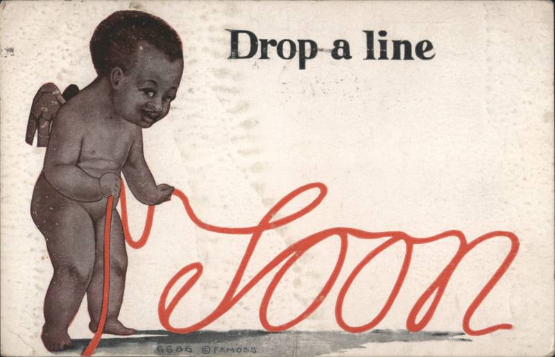 Black Cupid Cherub Drop a Line Soon Red Ribbon Black Americana