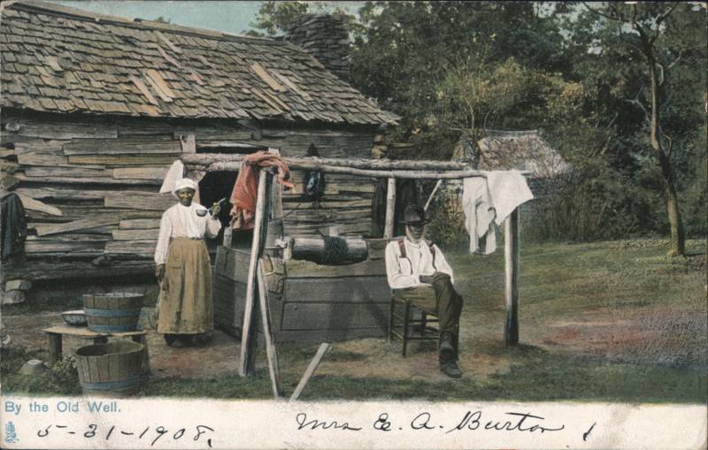By the Old Well, Black Couple outside Log Cabin Black Americana
