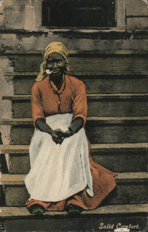 Solid Comfort Black Woman with Pipe on Wooden Steps