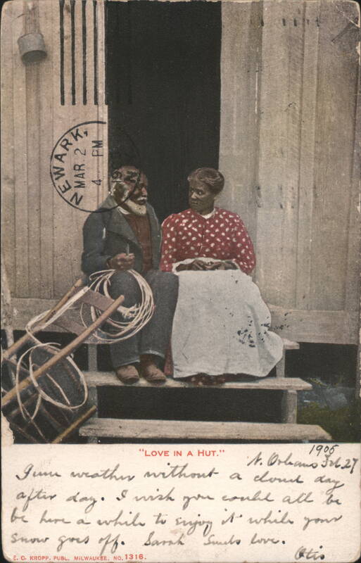 Love in a Hut, Elderly Black Couple Caning Chair on Porch