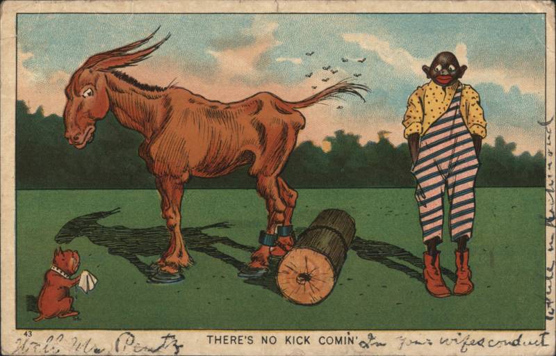 There's No Kick Comin' Caricature Man, Mule Tied to Log