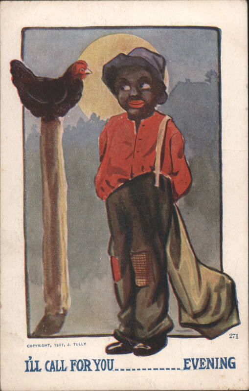 Boy with Sack Looking at Hen on Fence Post Under Moon